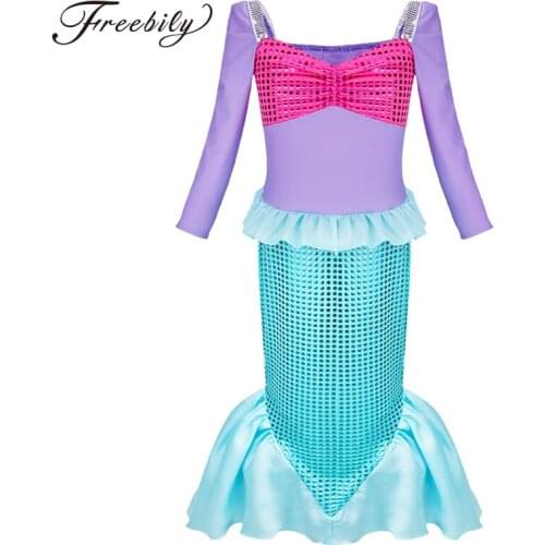 Kids Long Sleeve Shiny Sequined Mermaid Costume Girls Princess Cosplay Dress Baby Girl Party Holiday Fancy Halloween Clothing