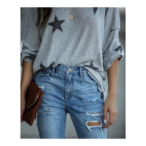 Girls Fashionable Ripped Long Jeans, Ladies Temperament Summer Autumn Light Color Pencil Trousers Casual Denim Pants