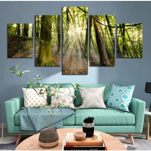 Hd Landscape Printing Canvas Painting Sunshine Forest Art Wall Poster Modern Home Decor Living Room Five-Piece Set Without Frame