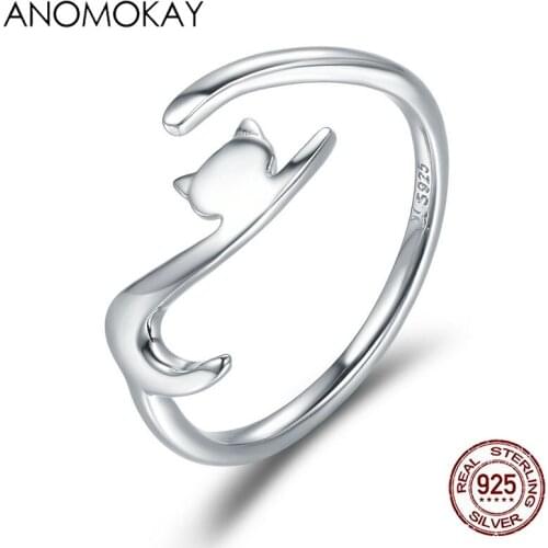 Anomokay 100% 925 Sterling Silver Sticky Cat with Long Tail Finger Ring for Women Adjustable Engagement 925 Silver Ring Jewelry