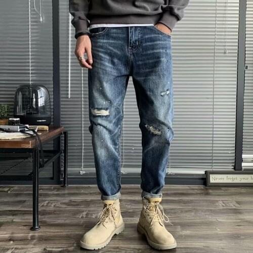 2021 new arrival Tear design jeans men fashion elasticity mens cotton casual jeans men pencil pantsmale,size 28-34 N079