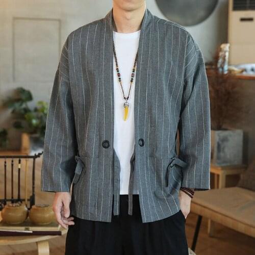 Autumn New Mens Chinese Style Cotton Linen Coat Loose Kimono Cardigan Men stripe Linen Outerwear Jacket Coats M-5XL
