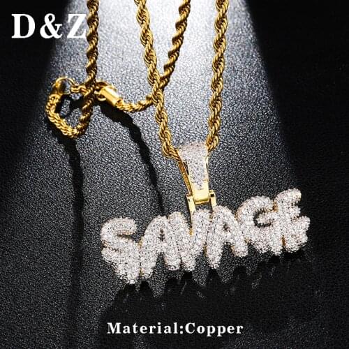 D&Z Hip Hop Savage Letter Necklace For Men Bling Iced Out Micro Paved Zircon Letters Necklaces Pendants with Twisted Chain
