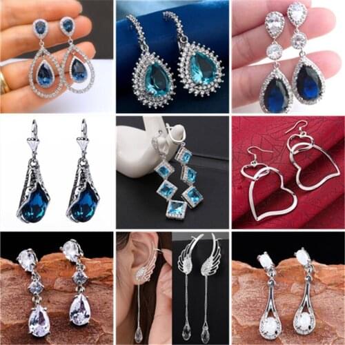 2020 Blue Crystal Rhinestone Earrings Silver Color Jewelry Fashion Female Bricons Wedding Drop Earring for Women Gift 40Q240