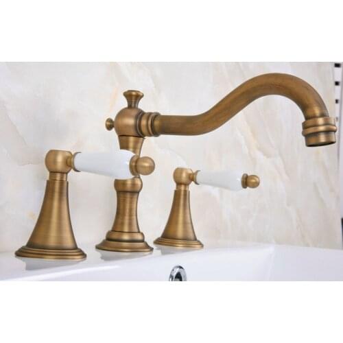 Vintage Retro Antique Brass Deck Mounted Dual Handles Widespread Bathroom 3 Holes Basin Faucet Mixer Water Taps man084