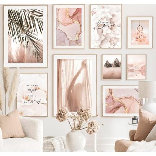 Modern Pink Gold Marble Flower Beach Girl Wall Art Canvas Painting Nordic Posters And Prints Wall Pictures For Living Room Home