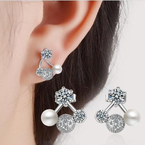 TJP Cute Gold Pearl Female Stud Earrings For Girl Party Accessories Charm 925 Sterling Silver Earrings Lady Women Christmas Gift