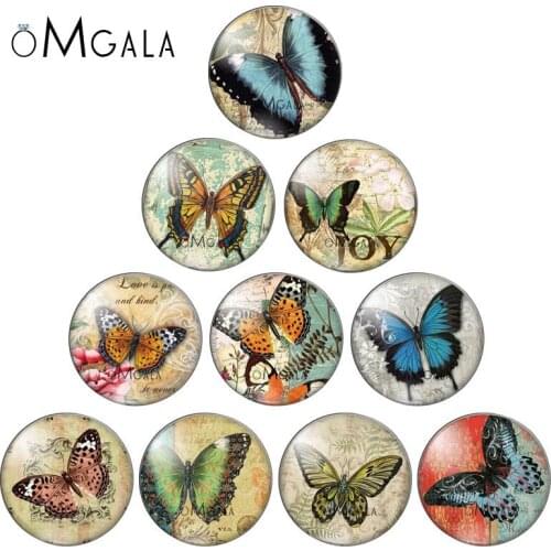 Vintage Retro Butterfly Paintings 10pcs 12mm/14/16/18mm/20mm/25mm Round photo glass cabochon demo flat back Making findings