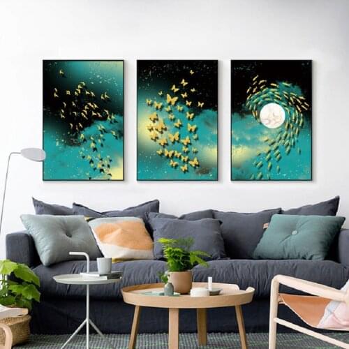 Green Abstract Gold Fish Birds Diamond Painting Modern Home Decor Abstract Wall Art Nordic diamond embroidery 3 Panel,EE1954