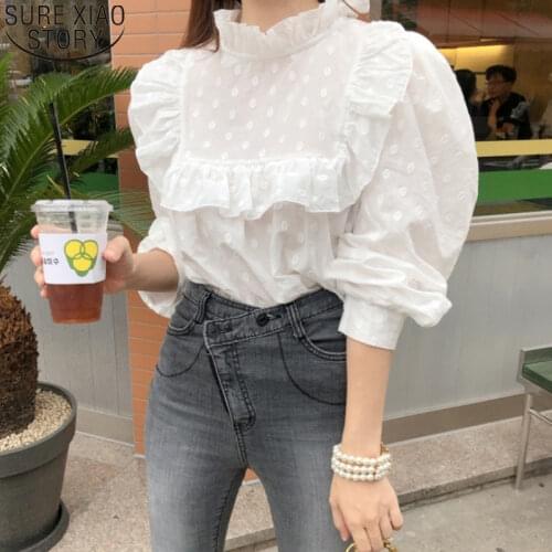 Sweet Ruffled tops white dot blouse women Autumn cute Stand Collar Puff Sleeve White shirt Women Embroidery Blusas Mujer 12720
