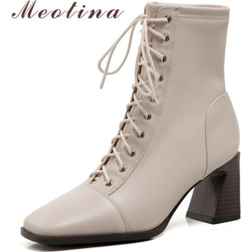 Meotina Women Genuine Leather Ankle Boots Thick High Heel Fashion Boots Square Toe Lace Up Ladies Boots Autumn Winter Beige 42