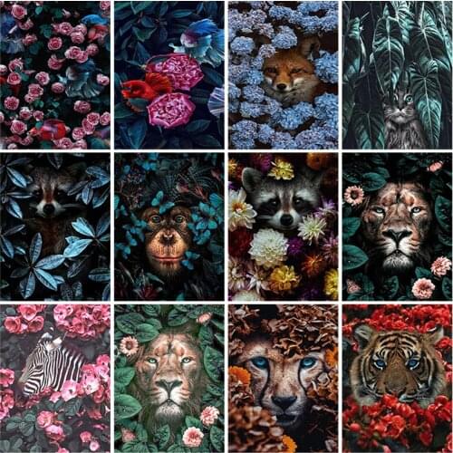 5D DIY Scenery Diamond Painting Animal In Flowers Picture Lion Leopard Orangutan Diamond Embroidery Cross Stitch Home Decor Gift