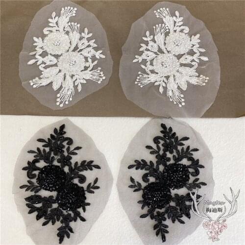 Black off white flowers lace motif patch handmade embroidery beads lace applique