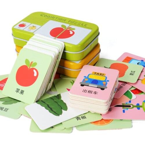 Baby Toys Iron-box Match Game Puzzle Card Learning Chinese English Fruit Animal Traffic Educational Montessori puzzles stickers