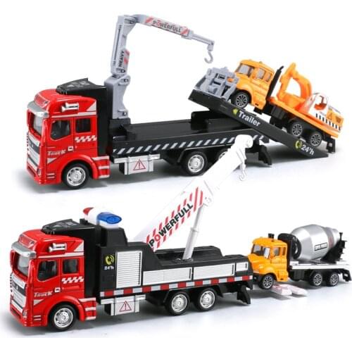 19CM Tow Truck Toys Crane Trailer with Engineering Vehicle Alloy Pack Back Excavator Cement Mixer Car Toy for Children Boys Y195