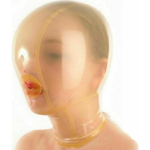 Transparent Natural Latex Hood Mask Open Mouth Breath Control Hole Play Suffocating Back Zip