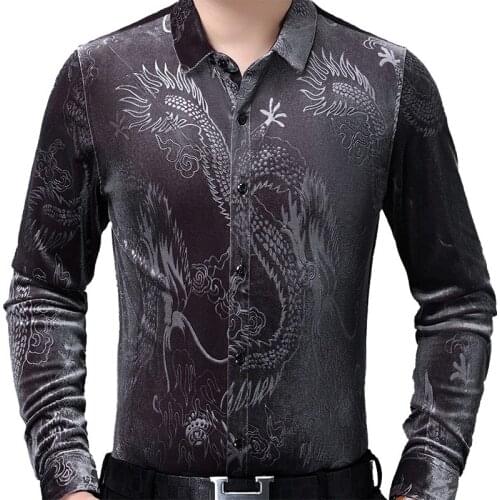Mens Autumn Winter Shirts Dragon Pattern Printing Bussiness Casual Long Sleeve Gold velvet Shirt High Quality Men Shirt M-4XL