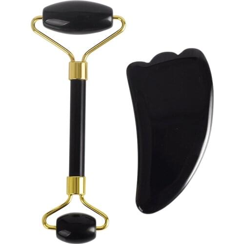 Jade Roller And Gua Sha Tools Set Natural Black Obsidian Facial Massage Roller Guasha Board Jade Stone Face Lift Dropshipping