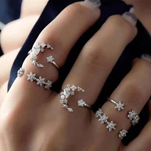 2019 New Luxury Bohemia Style Five-piece Set with Semi-precious Ring Set Retro Star Moon Crystal Joint Rings Jewelry Charm Gifts