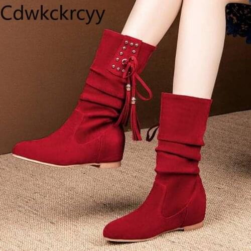 Winter The New fashion Round head Increase within Middle tube Martin boots tassel Plus velvet Keep warm High heel Women boots
