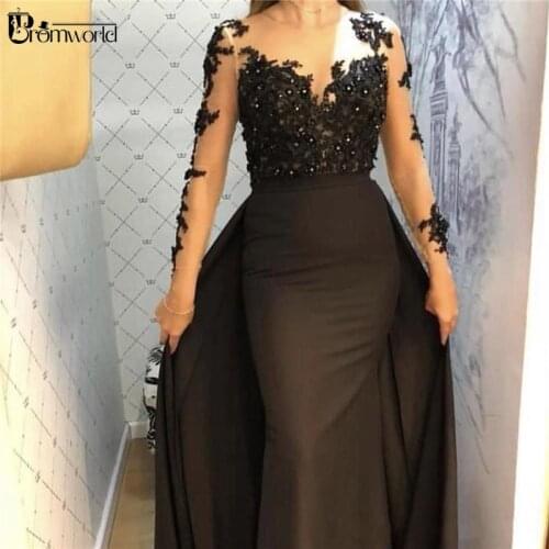 Illusion Long Sleeves Formal Dress with Detachable Train Black Evening Dresses 2020 Flowers Lace Sheath Evening Gowns