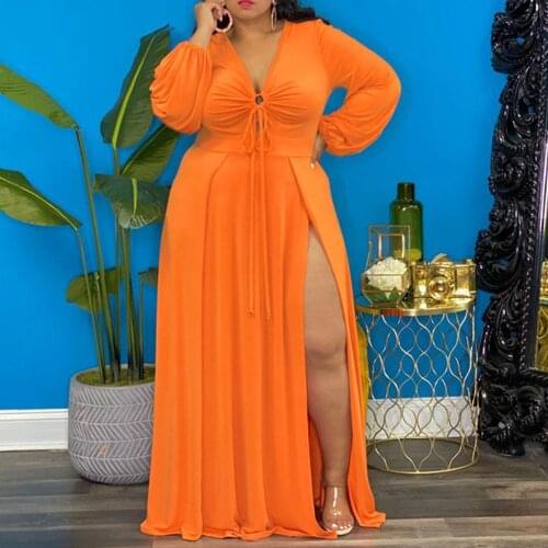 Autumn New Plus Size Womens Clothing Europe America Sexy Split Fork Hollow Out Solid Color V-neck Dress Long Sleeve Casual 2021
