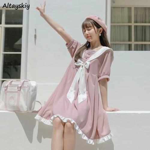 Dress Women Short Sleeve Sweet Sailor Collar Bow Japanese Preppy Style Loose Fashion Lovely Summer Streetwear Sundress Vestidos
