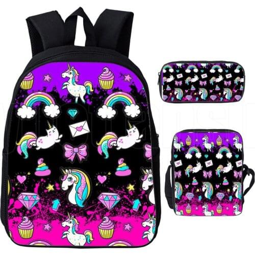 3PCS Mochila Para Hombre Rainbow Pink 3D Print Unicorn Backpack 12/16inch Anime Boy Bookbag Girls School Backpack Women Bag Pack
