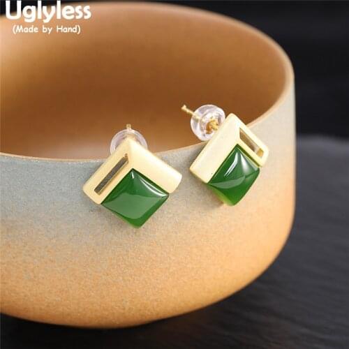 Uglyless Simple Geometric Square Studs Earrings for Women Natural Jasper Green Jade Square in Square Earrings 925 Silver Brincos