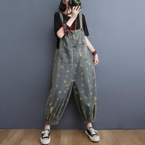 QPFJQD Denim Ladies Braces Trousers Print Floral Pocket Fashion Casual Loose Jeans 2021 Summer Autumn Button Long Pants Rompers