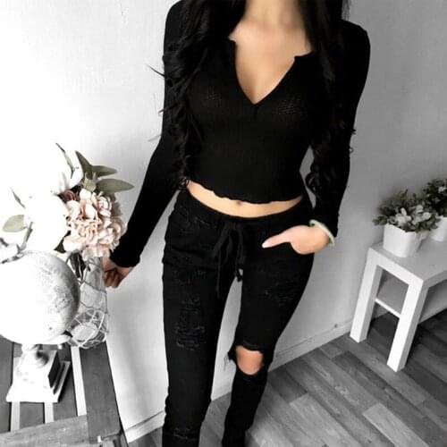 Women Casual Slim Solid Basic Long Sleeve T Shirt Ladies Plain Deep V Neck Regular Size Pullover Cotton Blend Autumn Clothes