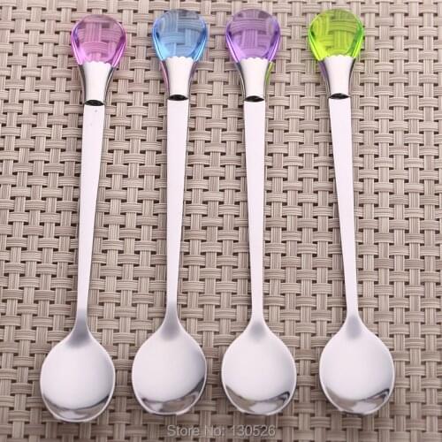 2Pcs Cute Crystal Long Handle Dessert Spoon Stainless Steel Coffee Milk Tea Honey Icecream Spoon Long Bar Spoon Kitchen Tools