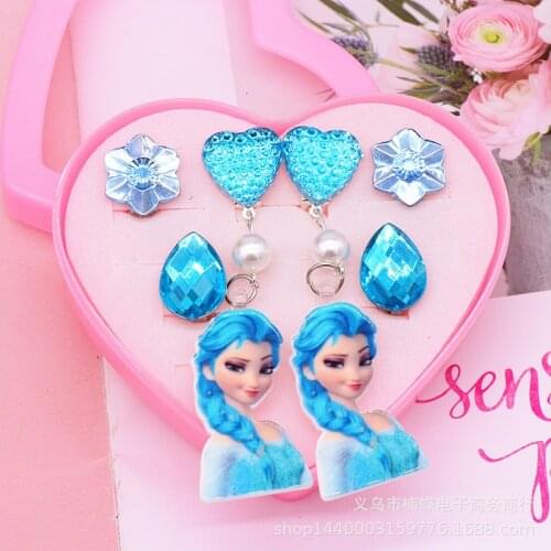 6pcs Disney Frozen Elsa Childrens clip earring Pierced ear clips boxed ring set childrens princess ear clip girl earrings gift