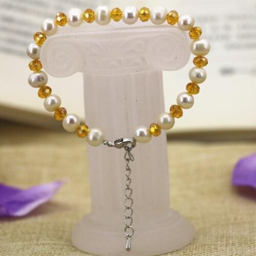 7-8mm natural white thread pearl beads strand bracelet for women yellow crystal charms diy fashion bangle jewelry 7.5inch B3119
