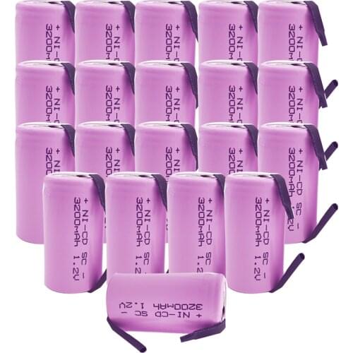SUB 20PCS SC 1.2V Rechargeable Battery 3200mAh 4/5 S C Sub C Ni-cd Cell with Welding Tabs for Electric Drill Screwdriver