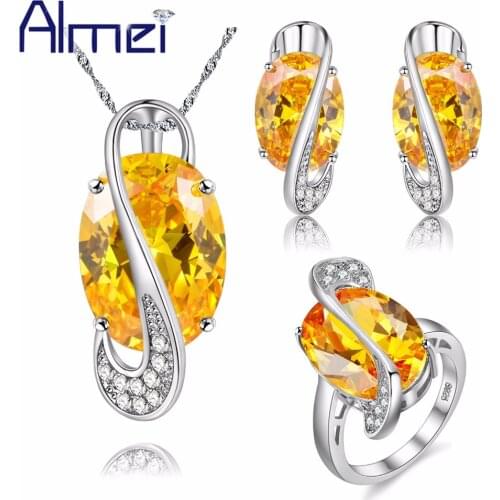 Almei Female Love Silver Color Yellow Rhinestone Jewerly Sets for Women Ladies Wedding Collares Necklace Earrings Ring Y182