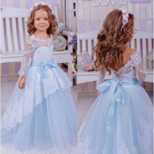 Sky Blue Tulle Kids First Communion Flower Girl Dresses Long Sleeve Pageant Wedding Baptism Vestido Clothing Celebrity Dress