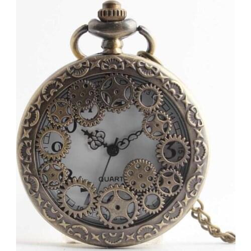 Hot Sell Bronze Hollowed Gear Quartz Pocket Watches Christmas Gift Watches Wholesale