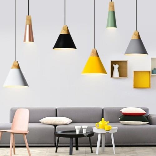 Tiooka DIY Metal Ceiling Hanging Light Colorful Cone Pendant Light with Wooden Base for Dining room Bar Restaurant Decor Lamp