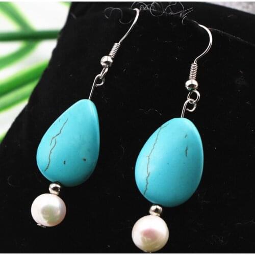 Natural White Pearl Beads Dangle Earring for Women 7-8mm Pearls 15x20mm Turquoises Stone Earrings Eardrop Gifts Jewelry A514