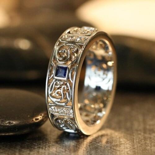 YSDLJG 2021 New Fashion Man Vintage Hollow Pattern with Blue Zircon Cocktail Party Ring Jewelry Gift Man Wedding Engagement ring