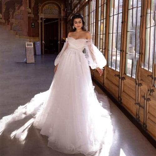 New Arrival A Line Long Puff Sleeve 2021 Bride Dress Beach Off Shoulder Hand Make Flowers Sexy Wedding Gowns