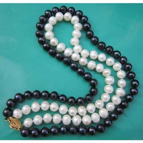 New 2 Rows 7-8mm BLACK WHITE Freshwater PEARL NECKLACE 17-18"AA