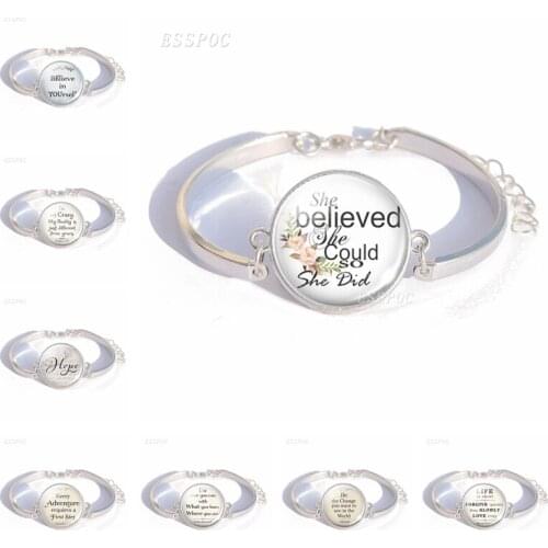 She Believed She Could So She Did Literary Quotes Glass Dome Cabochon Bracelet Handmade Silver Color Jewelry Gift For Women Girl