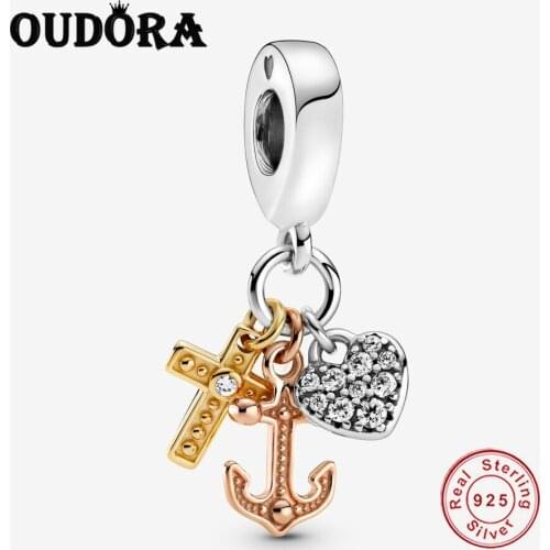 Triple-tone Cross, Heart & Anchor Dangle Charm Fit Original Pandora Charm 925 Sterling Silver Bracelet Silver Jewelry Berloque
