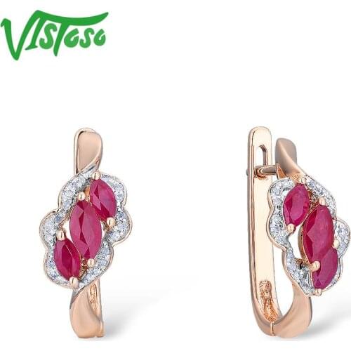 VISTOSO 14K 585 Rose Gold Floral Shape Earrings For Women Glamorous Ruby Sparkling Diamond Elegant Trendy Luxury Fine Jewelry