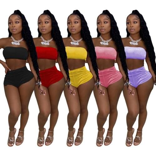 Echoine 2021 Women Sexy Solid color velvet Two Piece Set Sleeveless Bodycon Crop Top and Bike Shorts Party Club Matching Outfits