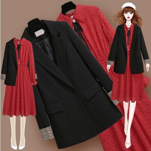 Plus Size Womens Autumn New Suit Womens Loose Suit Jacket + Dress Office Two-piece Large Size Suit