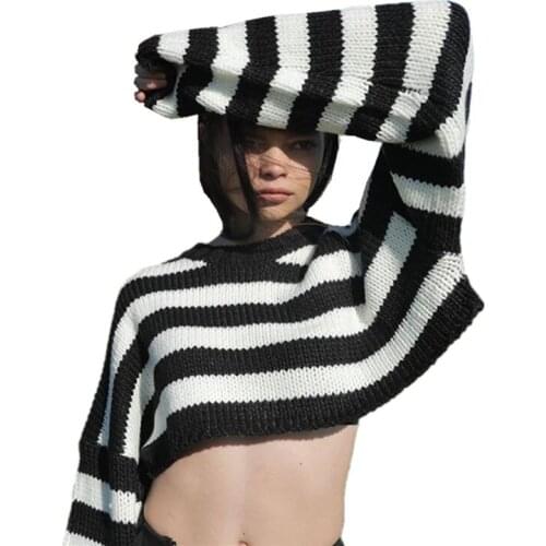 2021 Vintage Striped Gothic Sweaters Punk Style Oversize Long Sleeve O - neck "Women Pullovers Fashion of Autumn Streetwear