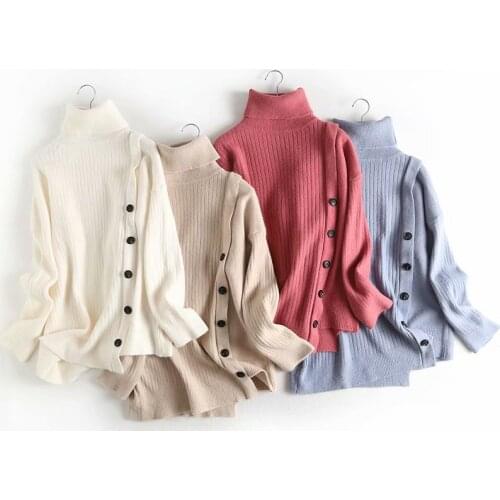 Lazy Wind Turtleneck Long-sleeved Sweater Female Side Buttons Irregular Solid Knitted Bottoming Pullover Jumpers Women Spring